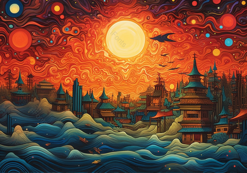 梵高风格抽象派水浪建筑古建筑日背景插画,插画/手绘图,插画/手绘图库,插画/手绘图下载,插画/手绘